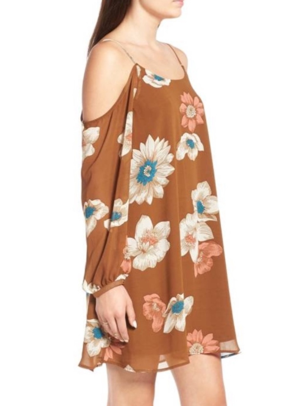 Leith Floaty Brown Floral Cold Shoulder Shift Dress Size XS